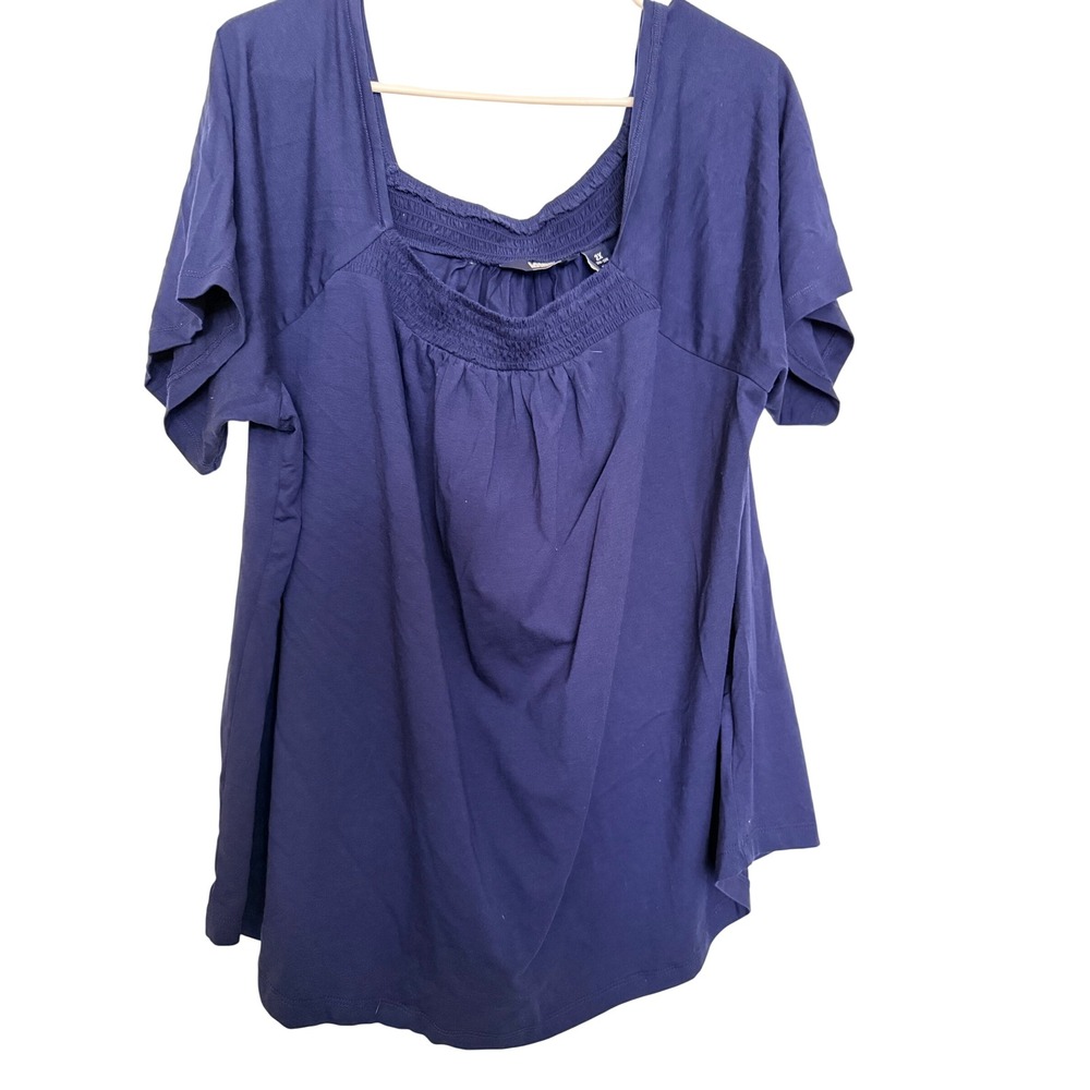 Lands End Womens Plus Top Navy Blue Smocked Square Neck Tencel Modal 2X